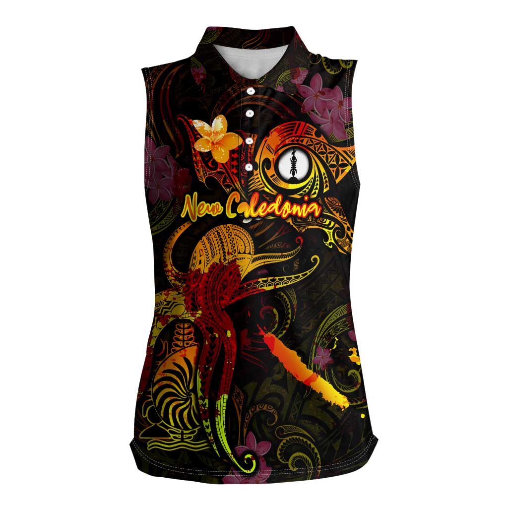 New Caledonia Women Sleeveless Polo Shirt Octopus Plumeria Polynesian Tattoo DT02 Female Black - Polynesian Pride