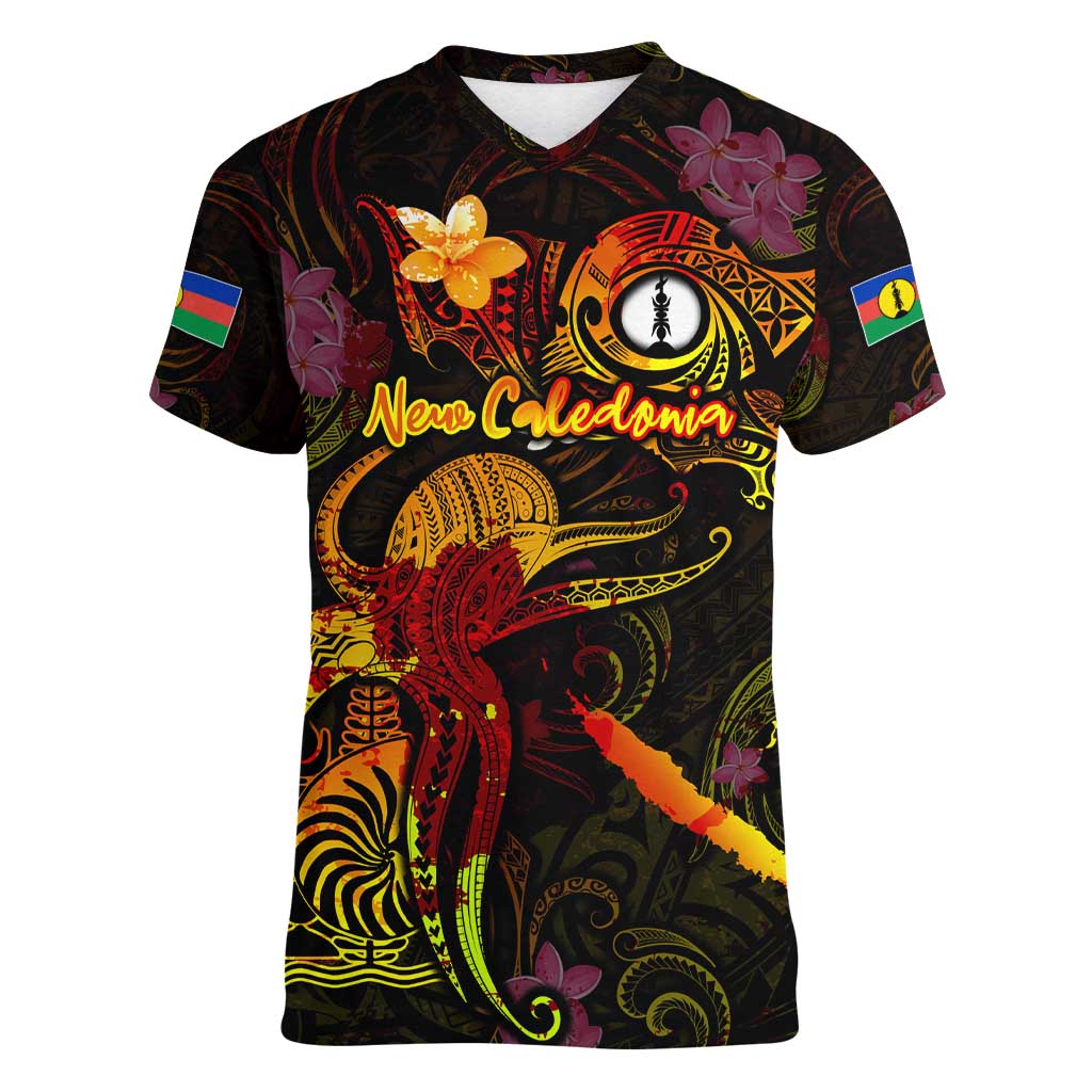 New Caledonia Women V-Neck T-Shirt Octopus Plumeria Polynesian Tattoo DT02 Female Black - Polynesian Pride