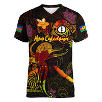 New Caledonia Women V-Neck T-Shirt Octopus Plumeria Polynesian Tattoo DT02 Female Black - Polynesian Pride
