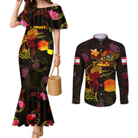 Tahiti French Polynesia Couples Matching Mermaid Dress and Long Sleeve Button Shirt Octopus Plumeria Polynesian Tattoo DT02 Black - Polynesian Pride