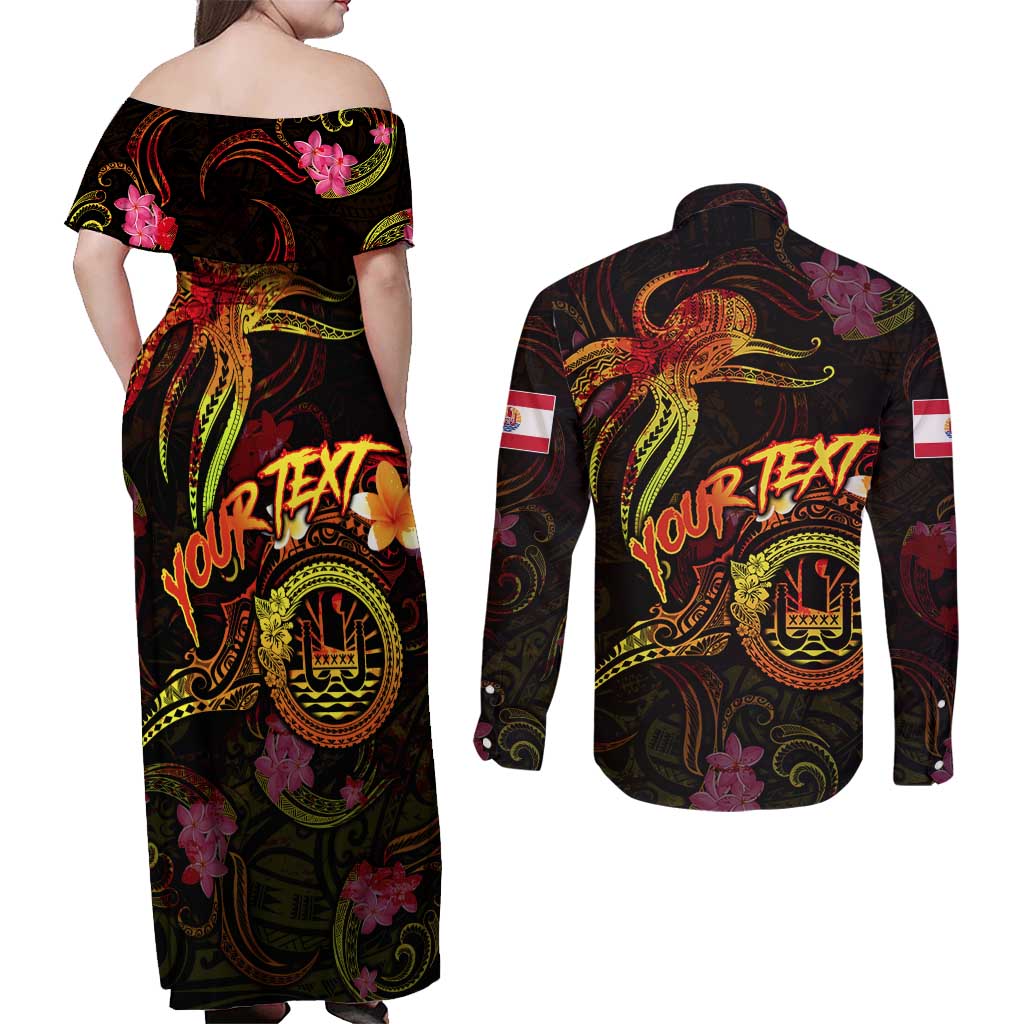 Tahiti French Polynesia Couples Matching Off Shoulder Maxi Dress and Long Sleeve Button Shirt Octopus Plumeria Polynesian Tattoo DT02 - Polynesian Pride