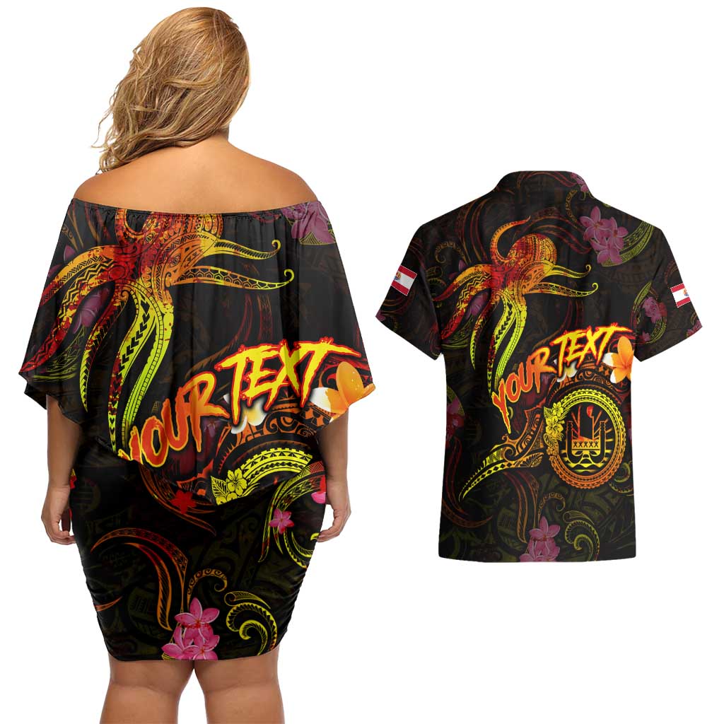Tahiti French Polynesia Couples Matching Off Shoulder Short Dress and Hawaiian Shirt Octopus Plumeria Polynesian Tattoo DT02 - Polynesian Pride