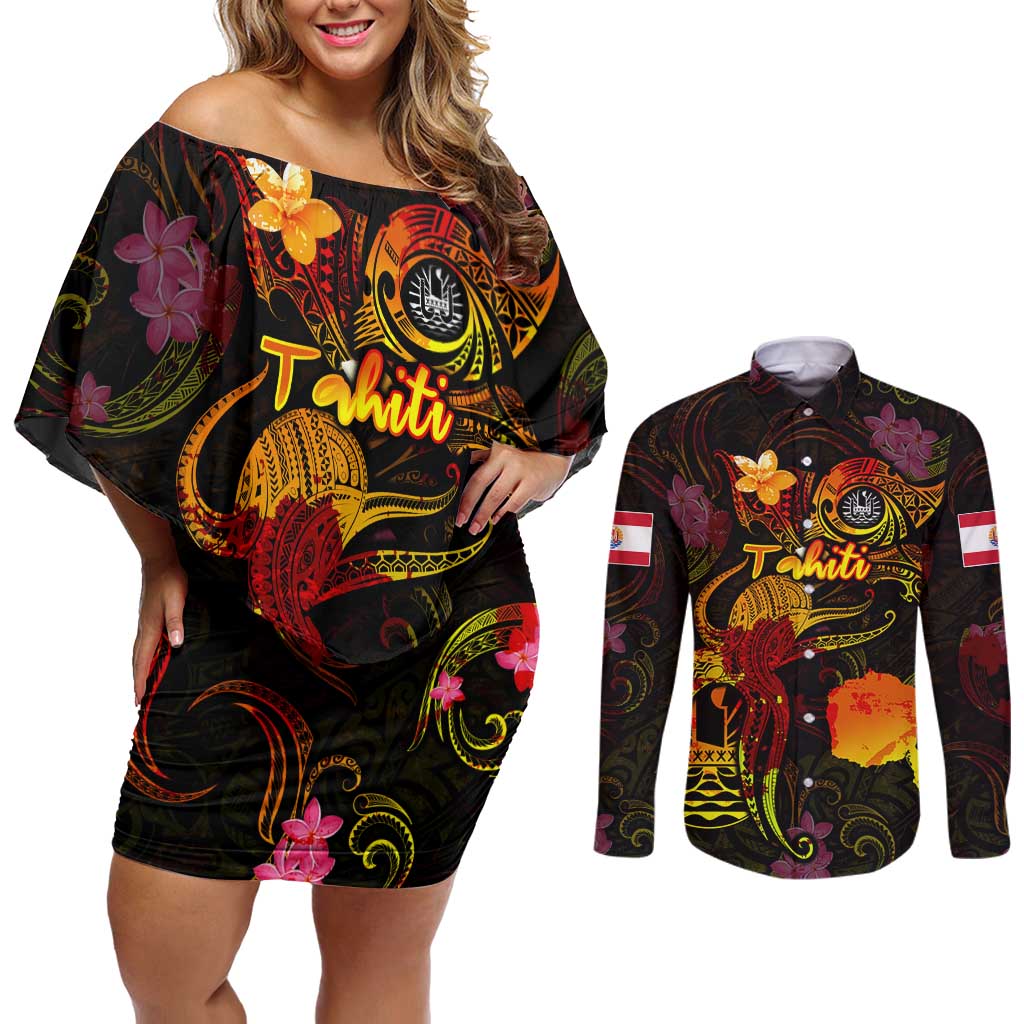 Tahiti French Polynesia Couples Matching Off Shoulder Short Dress and Long Sleeve Button Shirt Octopus Plumeria Polynesian Tattoo DT02 Black - Polynesian Pride