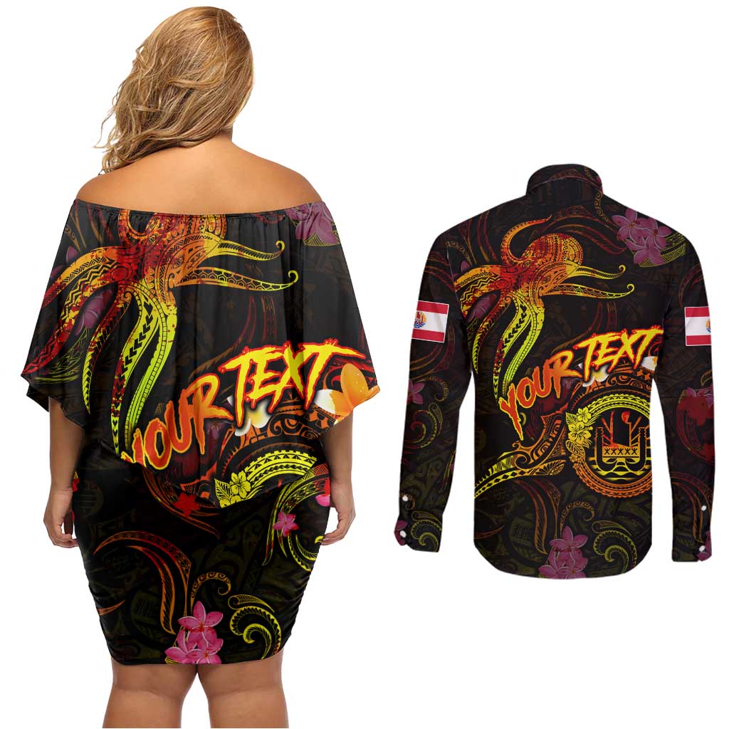 Tahiti French Polynesia Couples Matching Off Shoulder Short Dress and Long Sleeve Button Shirt Octopus Plumeria Polynesian Tattoo DT02 - Polynesian Pride