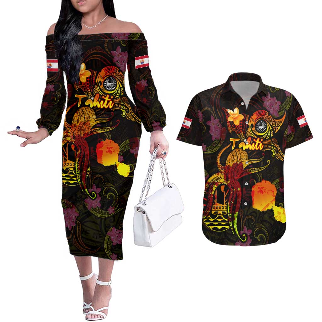 Tahiti French Polynesia Couples Matching Off The Shoulder Long Sleeve Dress and Hawaiian Shirt Octopus Plumeria Polynesian Tattoo DT02 Black - Polynesian Pride