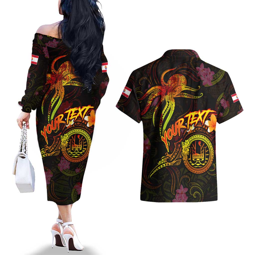 Tahiti French Polynesia Couples Matching Off The Shoulder Long Sleeve Dress and Hawaiian Shirt Octopus Plumeria Polynesian Tattoo DT02 - Polynesian Pride