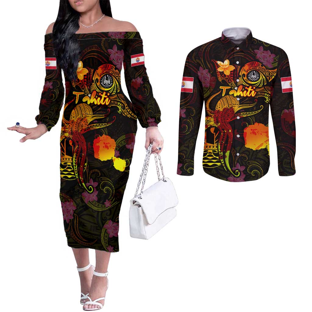 Tahiti French Polynesia Couples Matching Off The Shoulder Long Sleeve Dress and Long Sleeve Button Shirt Octopus Plumeria Polynesian Tattoo DT02 Black - Polynesian Pride