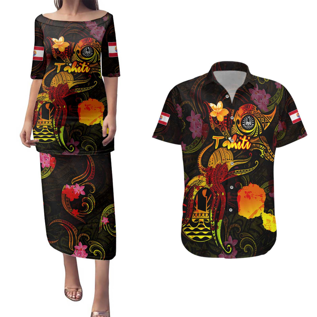 Tahiti French Polynesia Couples Matching Puletasi and Hawaiian Shirt Octopus Plumeria Polynesian Tattoo DT02 Black - Polynesian Pride