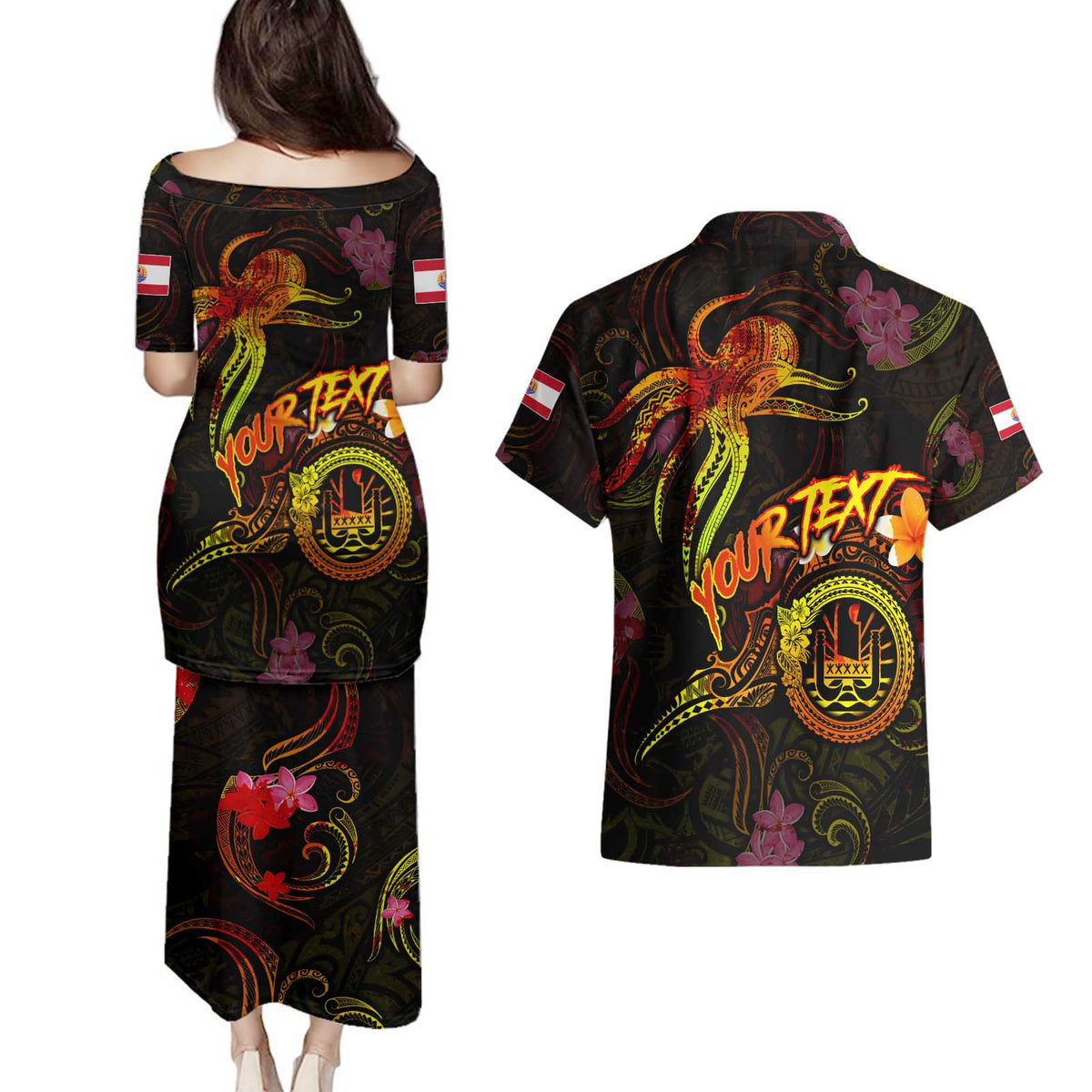 Tahiti French Polynesia Couples Matching Puletasi and Hawaiian Shirt Octopus Plumeria Polynesian Tattoo DT02 - Polynesian Pride