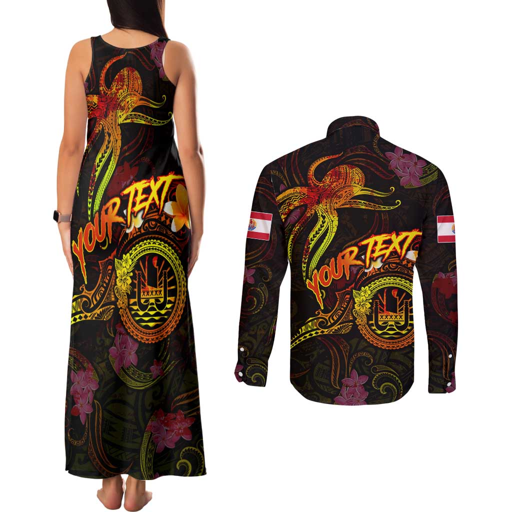 Tahiti French Polynesia Couples Matching Tank Maxi Dress and Long Sleeve Button Shirt Octopus Plumeria Polynesian Tattoo DT02 - Polynesian Pride