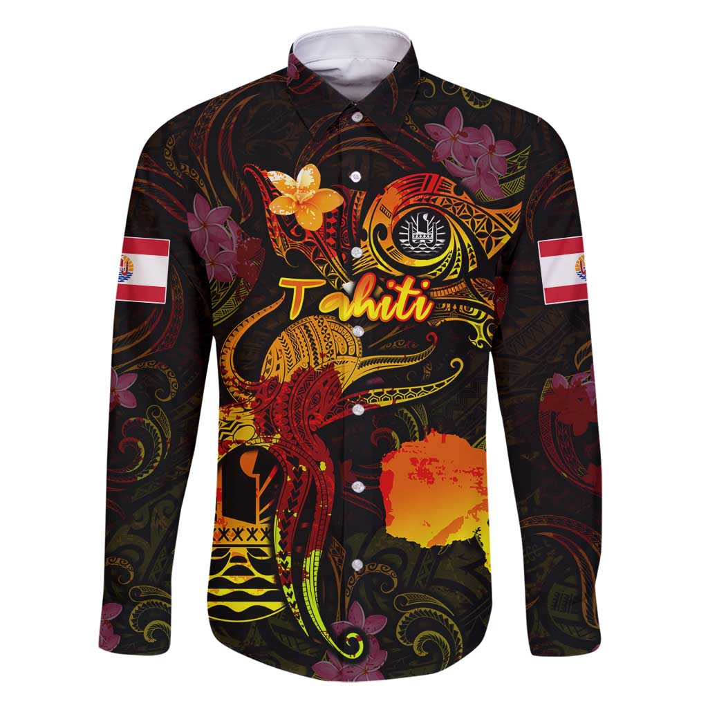 Tahiti French Polynesia Family Matching Long Sleeve Bodycon Dress and Hawaiian Shirt Octopus Plumeria Polynesian Tattoo DT02 Dad's Shirt - Long Sleeve Black - Polynesian Pride
