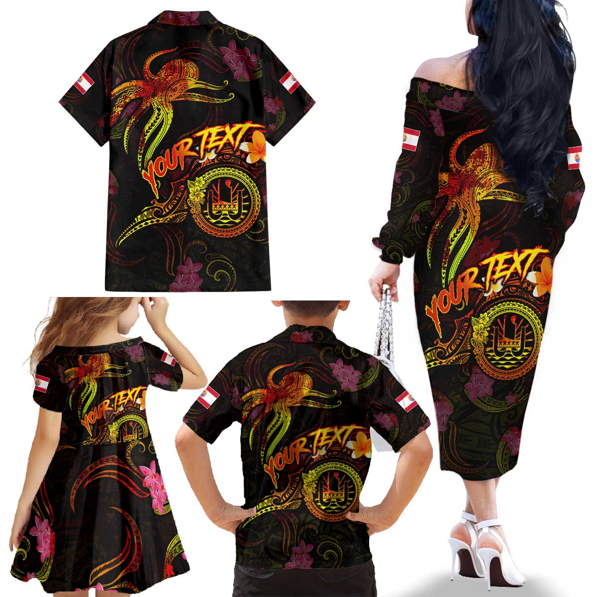 Tahiti French Polynesia Family Matching Off The Shoulder Long Sleeve Dress and Hawaiian Shirt Octopus Plumeria Polynesian Tattoo DT02 - Polynesian Pride