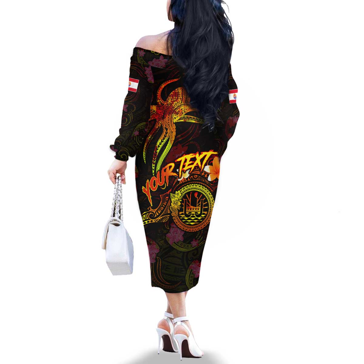 Tahiti French Polynesia Family Matching Off The Shoulder Long Sleeve Dress and Hawaiian Shirt Octopus Plumeria Polynesian Tattoo DT02 - Polynesian Pride