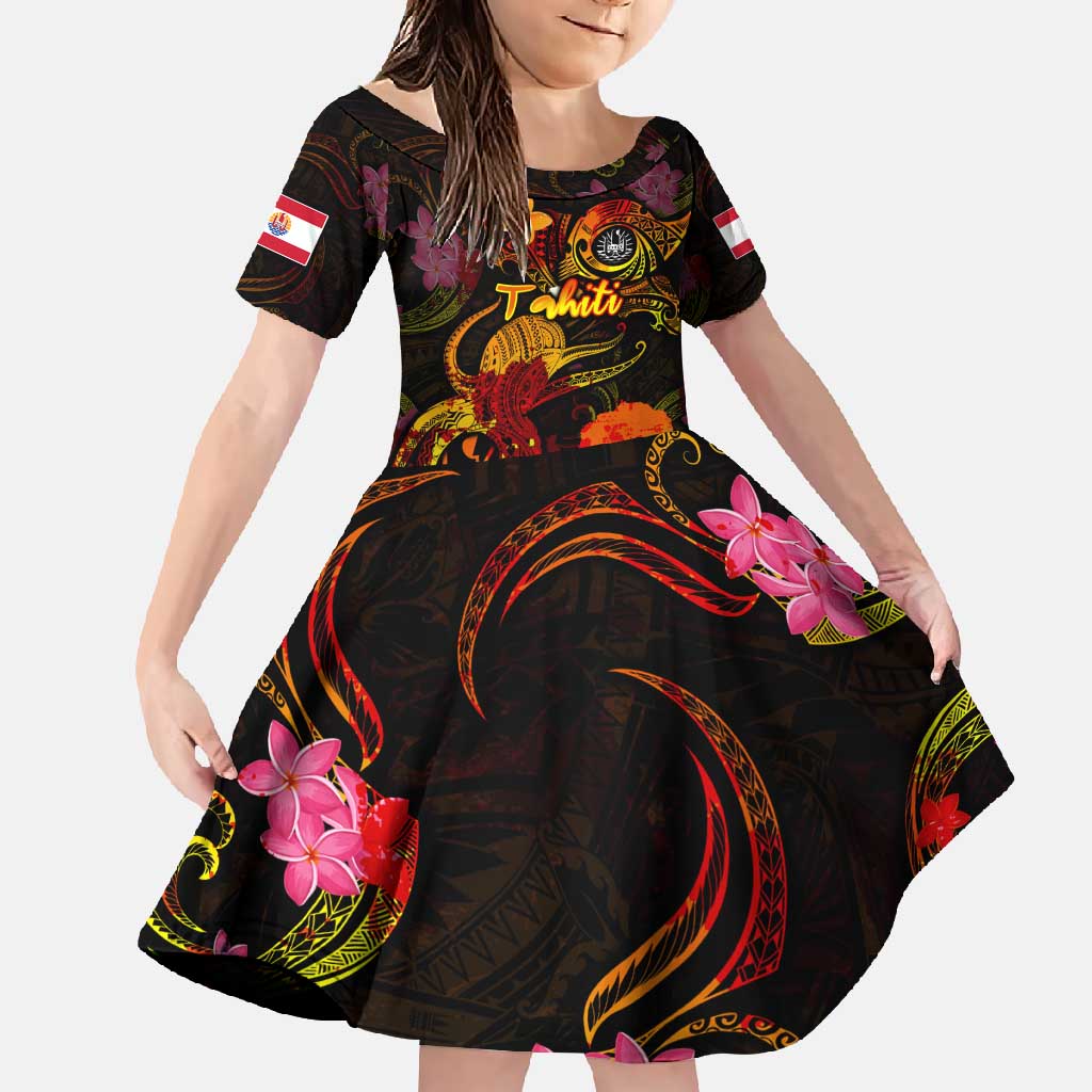 Tahiti French Polynesia Family Matching Off Shoulder Maxi Dress and Hawaiian Shirt Octopus Plumeria Polynesian Tattoo DT02 Daughter's Dress Black - Polynesian Pride