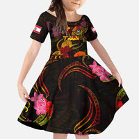 Tahiti French Polynesia Family Matching Off Shoulder Maxi Dress and Hawaiian Shirt Octopus Plumeria Polynesian Tattoo DT02 Daughter's Dress Black - Polynesian Pride