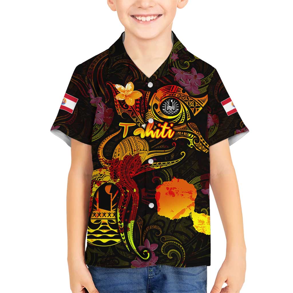 Tahiti French Polynesia Family Matching Off Shoulder Maxi Dress and Hawaiian Shirt Octopus Plumeria Polynesian Tattoo DT02 Son's Shirt Black - Polynesian Pride