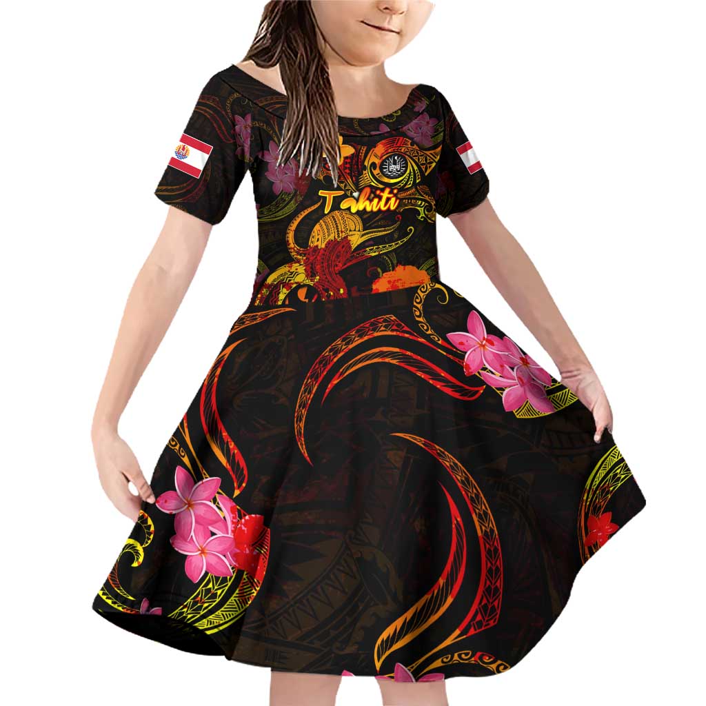 Tahiti French Polynesia Family Matching Off Shoulder Short Dress and Hawaiian Shirt Octopus Plumeria Polynesian Tattoo DT02 Daughter's Dress Black - Polynesian Pride