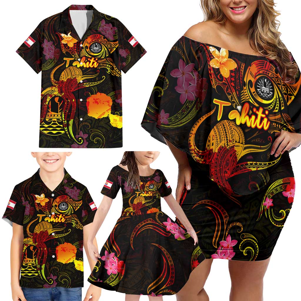 Tahiti French Polynesia Family Matching Off Shoulder Short Dress and Hawaiian Shirt Octopus Plumeria Polynesian Tattoo DT02 - Polynesian Pride