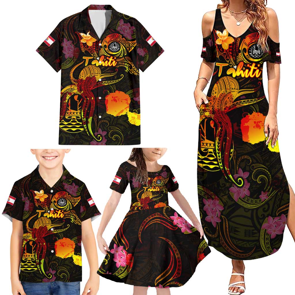 Tahiti French Polynesia Family Matching Summer Maxi Dress and Hawaiian Shirt Octopus Plumeria Polynesian Tattoo DT02 - Polynesian Pride