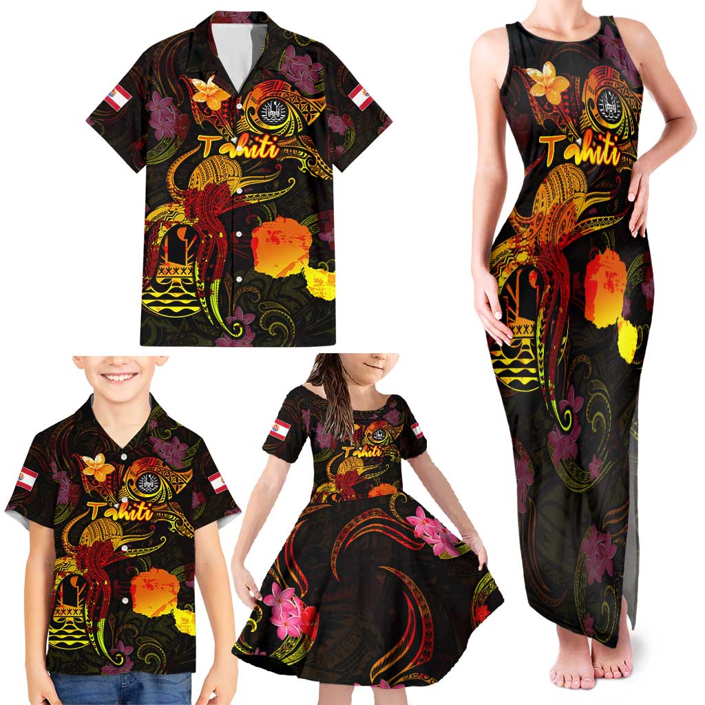 Tahiti French Polynesia Family Matching Tank Maxi Dress and Hawaiian Shirt Octopus Plumeria Polynesian Tattoo DT02 - Polynesian Pride