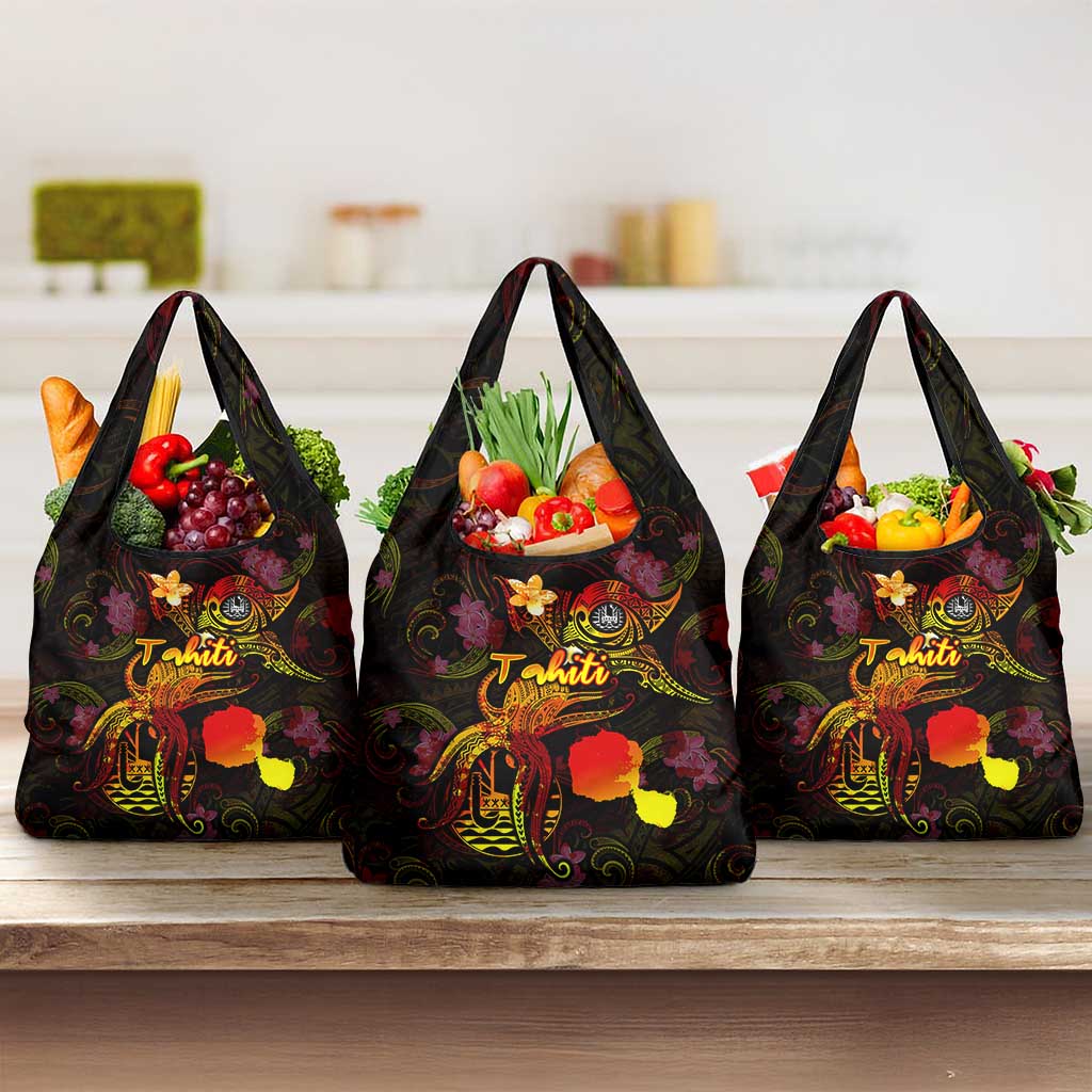 Tahiti French Polynesia Grocery Bag Octopus Plumeria Polynesian Tattoo
