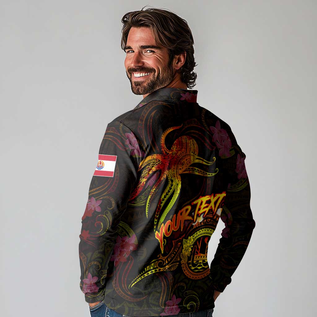 Tahiti French Polynesia Long Sleeve Polo Shirt Octopus Plumeria Polynesian Tattoo