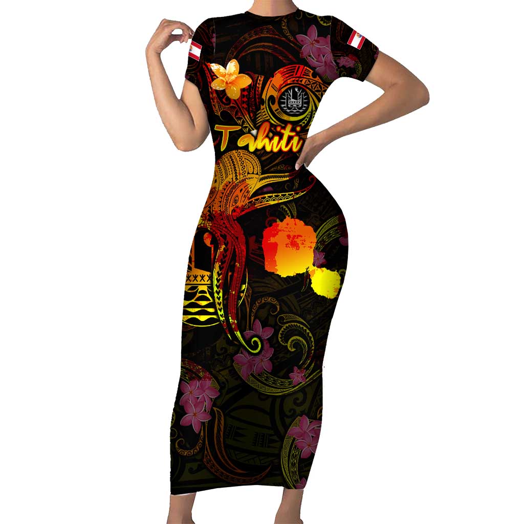 Tahiti French Polynesia Short Sleeve Bodycon Dress Octopus Plumeria Polynesian Tattoo DT02 Long Dress Black - Polynesian Pride