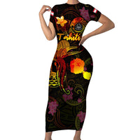 Tahiti French Polynesia Short Sleeve Bodycon Dress Octopus Plumeria Polynesian Tattoo DT02 Long Dress Black - Polynesian Pride