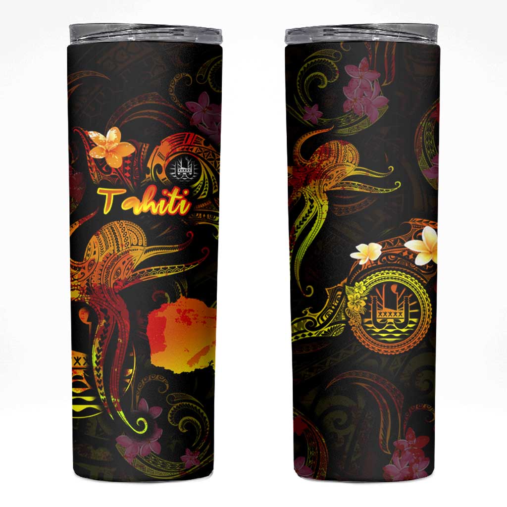 Tahiti French Polynesia Skinny Tumbler Octopus Plumeria Polynesian Tattoo DT02 Black - Polynesian Pride