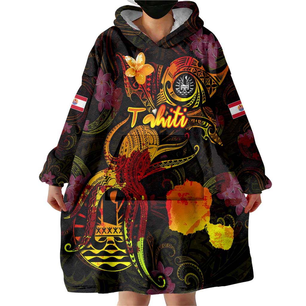 Tahiti French Polynesia Wearable Blanket Hoodie Octopus Plumeria Polynesian Tattoo DT02 - Polynesian Pride