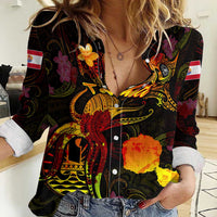 Tahiti French Polynesia Women Casual Shirt Octopus Plumeria Polynesian Tattoo DT02 Female Black - Polynesian Pride