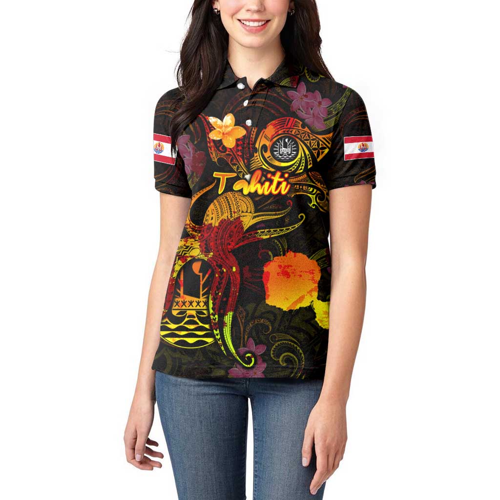 Tahiti French Polynesia Women Polo Shirt Octopus Plumeria Polynesian Tattoo DT02 - Polynesian Pride