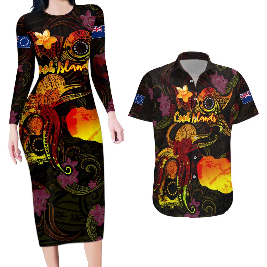 Cook Islands Couples Matching Long Sleeve Bodycon Dress and Hawaiian Shirt Octopus Plumeria Polynesian Tattoo DT02 Black - Polynesian Pride
