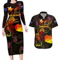 Cook Islands Couples Matching Long Sleeve Bodycon Dress and Hawaiian Shirt Octopus Plumeria Polynesian Tattoo DT02 Black - Polynesian Pride
