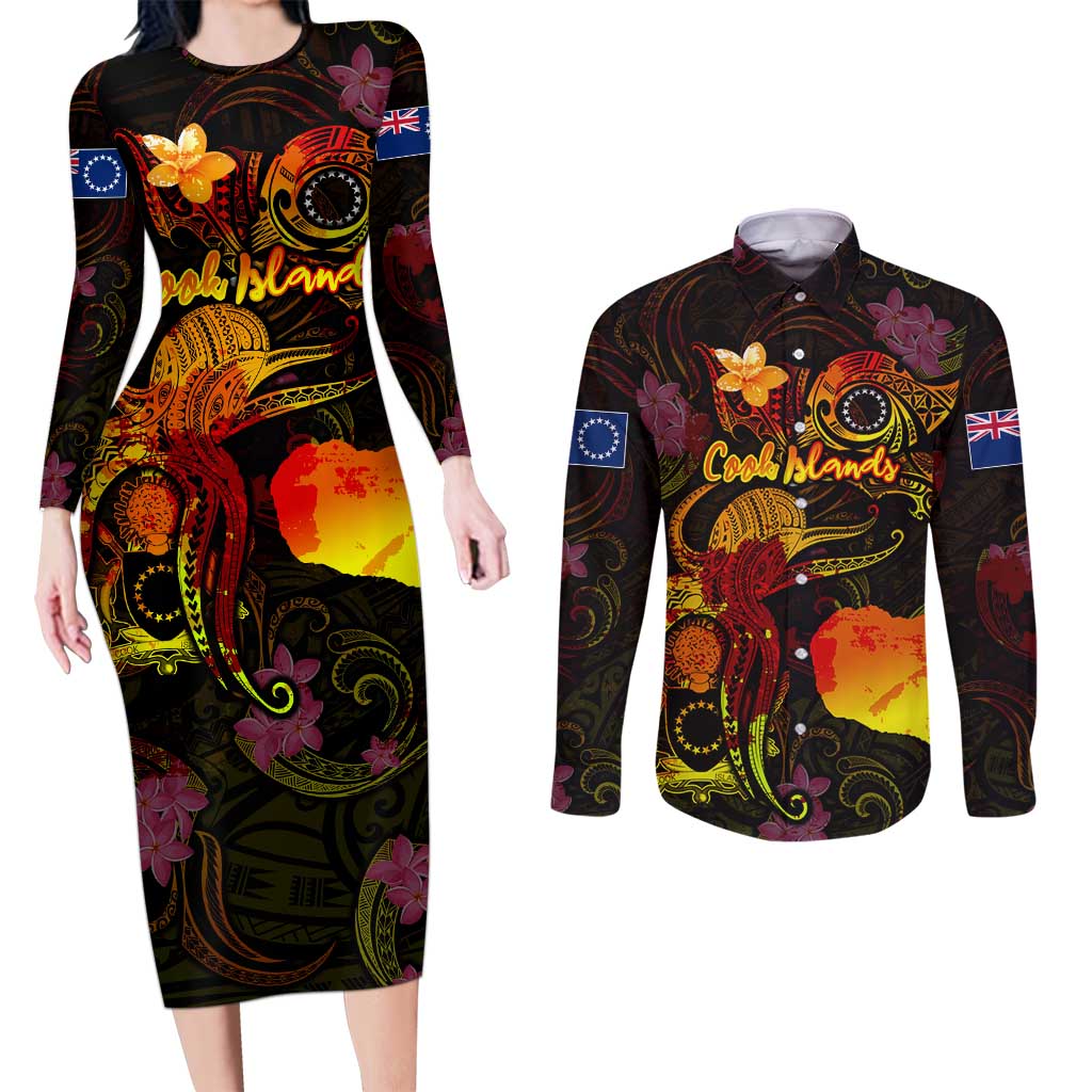 Cook Islands Couples Matching Long Sleeve Bodycon Dress and Long Sleeve Button Shirt Octopus Plumeria Polynesian Tattoo DT02 Black - Polynesian Pride