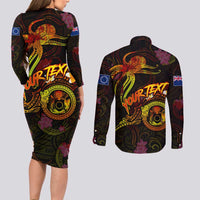 Cook Islands Couples Matching Long Sleeve Bodycon Dress and Long Sleeve Button Shirt Octopus Plumeria Polynesian Tattoo DT02 - Polynesian Pride