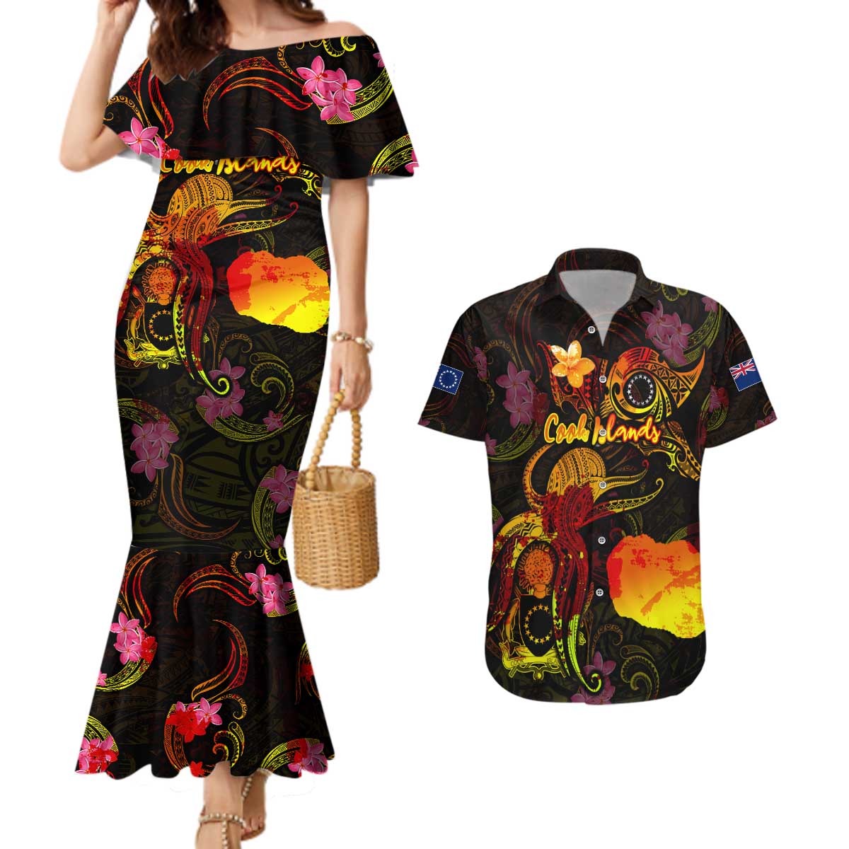 Cook Islands Couples Matching Mermaid Dress and Hawaiian Shirt Octopus Plumeria Polynesian Tattoo DT02 Black - Polynesian Pride