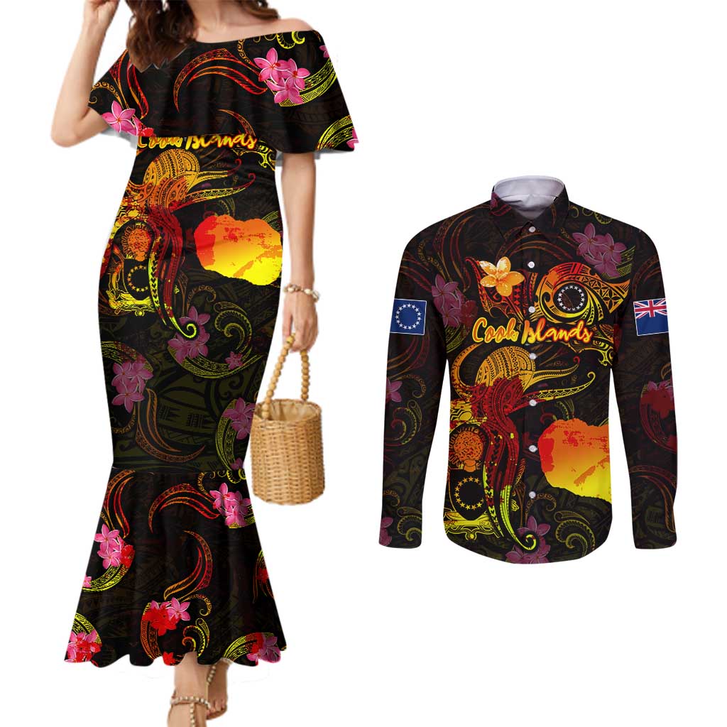 Cook Islands Couples Matching Mermaid Dress and Long Sleeve Button Shirt Octopus Plumeria Polynesian Tattoo DT02 Black - Polynesian Pride