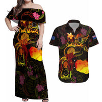 Cook Islands Couples Matching Off Shoulder Maxi Dress and Hawaiian Shirt Octopus Plumeria Polynesian Tattoo DT02 Black - Polynesian Pride