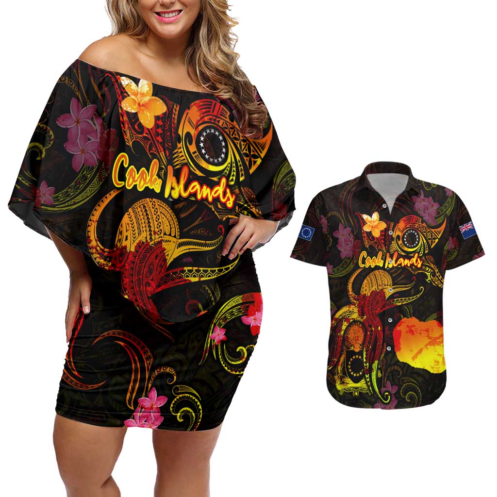 Cook Islands Couples Matching Off Shoulder Short Dress and Hawaiian Shirt Octopus Plumeria Polynesian Tattoo DT02 Black - Polynesian Pride