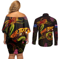 Cook Islands Couples Matching Off Shoulder Short Dress and Long Sleeve Button Shirt Octopus Plumeria Polynesian Tattoo