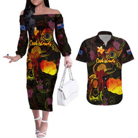 Cook Islands Couples Matching Off The Shoulder Long Sleeve Dress and Hawaiian Shirt Octopus Plumeria Polynesian Tattoo DT02 Black - Polynesian Pride