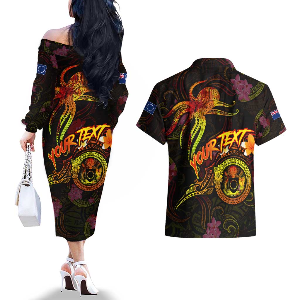 Cook Islands Couples Matching Off The Shoulder Long Sleeve Dress and Hawaiian Shirt Octopus Plumeria Polynesian Tattoo DT02 - Polynesian Pride