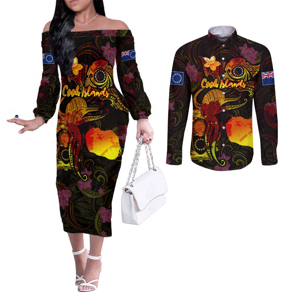 Cook Islands Couples Matching Off The Shoulder Long Sleeve Dress and Long Sleeve Button Shirt Octopus Plumeria Polynesian Tattoo DT02 Black - Polynesian Pride