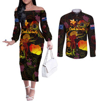 Cook Islands Couples Matching Off The Shoulder Long Sleeve Dress and Long Sleeve Button Shirt Octopus Plumeria Polynesian Tattoo DT02 Black - Polynesian Pride