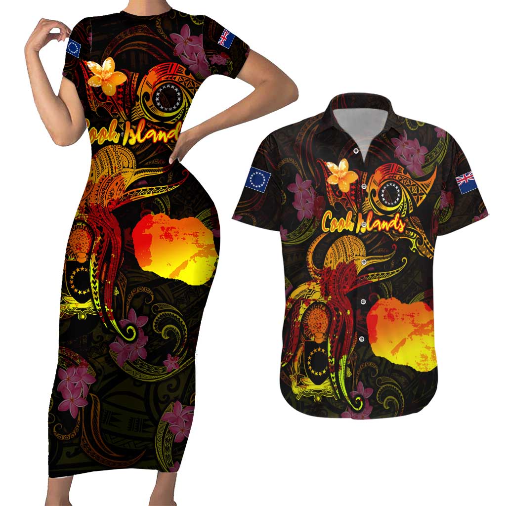 Cook Islands Couples Matching Short Sleeve Bodycon Dress and Hawaiian Shirt Octopus Plumeria Polynesian Tattoo DT02 Black - Polynesian Pride