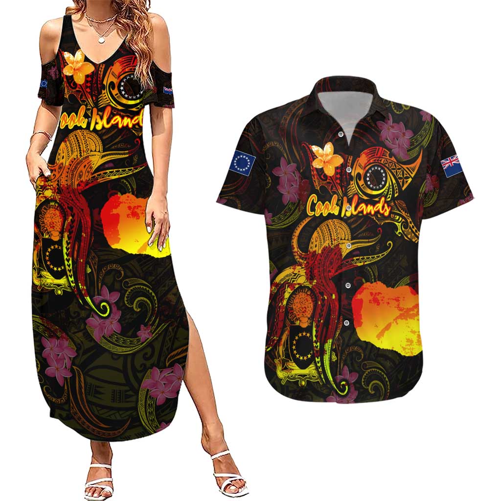 Cook Islands Couples Matching Summer Maxi Dress and Hawaiian Shirt Octopus Plumeria Polynesian Tattoo DT02 Black - Polynesian Pride