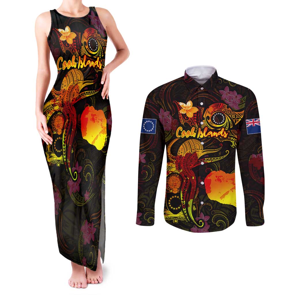 Cook Islands Couples Matching Tank Maxi Dress and Long Sleeve Button Shirt Octopus Plumeria Polynesian Tattoo DT02 Black - Polynesian Pride