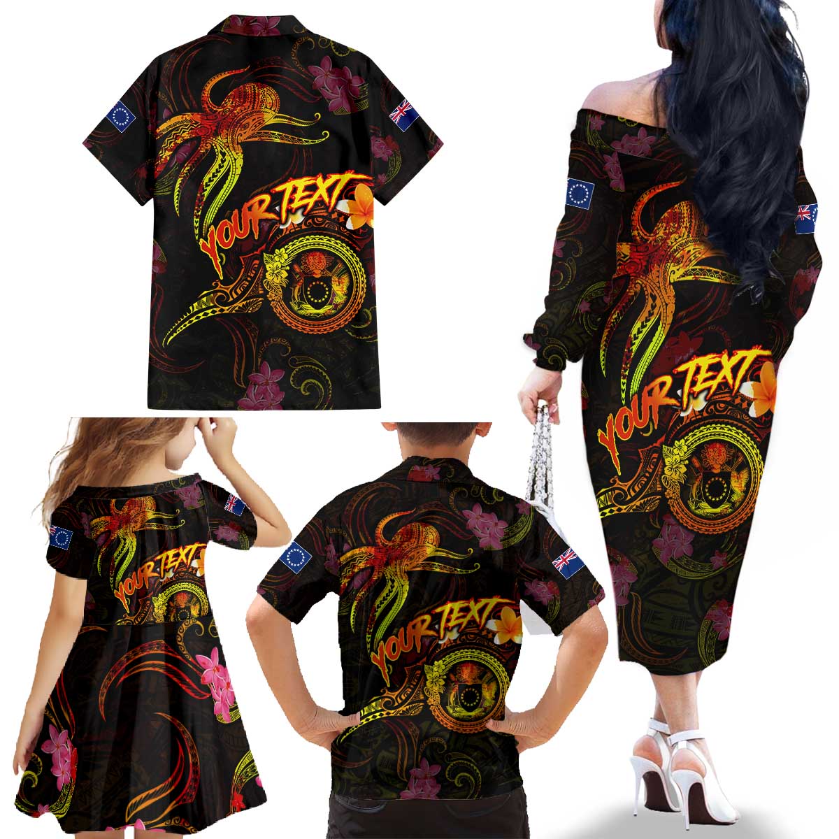 Cook Islands Family Matching Off The Shoulder Long Sleeve Dress and Hawaiian Shirt Octopus Plumeria Polynesian Tattoo DT02 - Polynesian Pride