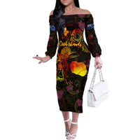 Cook Islands Family Matching Off The Shoulder Long Sleeve Dress and Hawaiian Shirt Octopus Plumeria Polynesian Tattoo DT02 Mom's Dress Black - Polynesian Pride